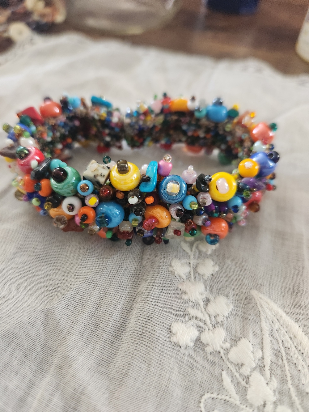 Colorful Artisan Glass Beaded Statement Cuff Bracelet Multicolor Boho